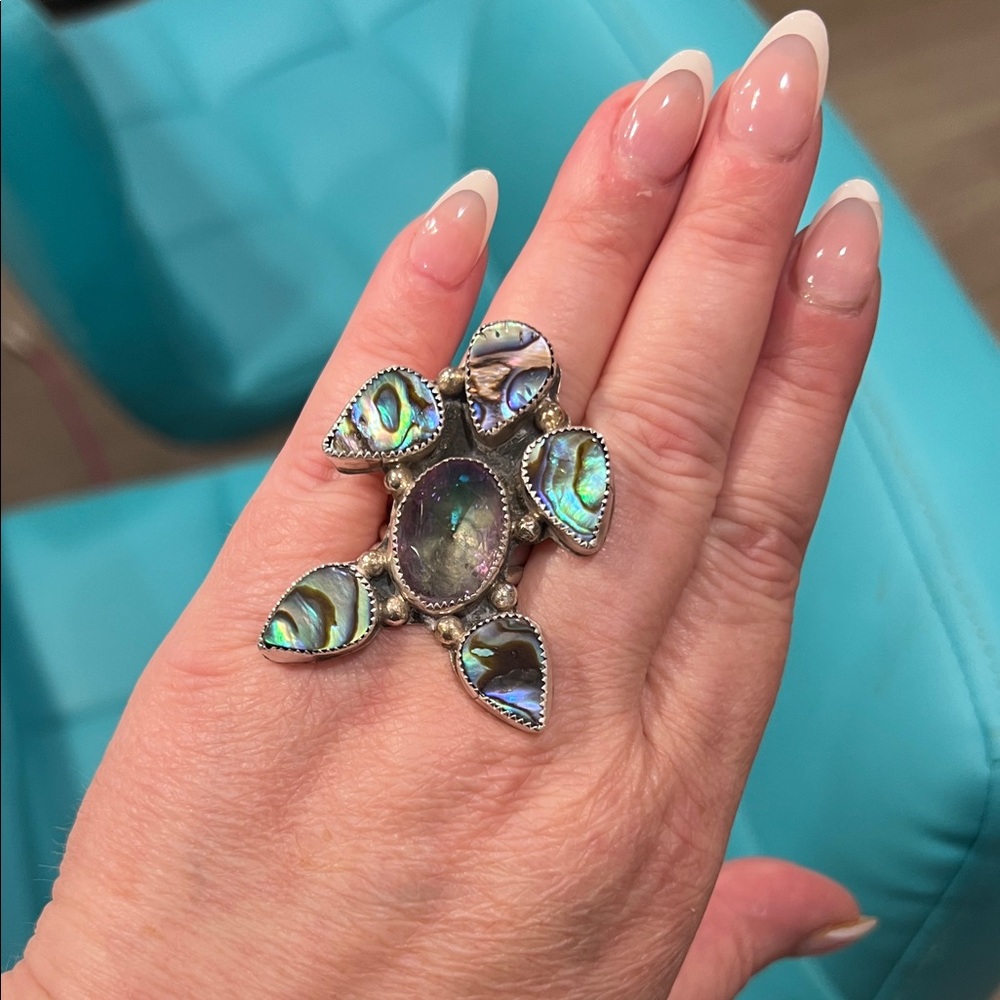 Silver and Abalone Turtle Ring sz 10